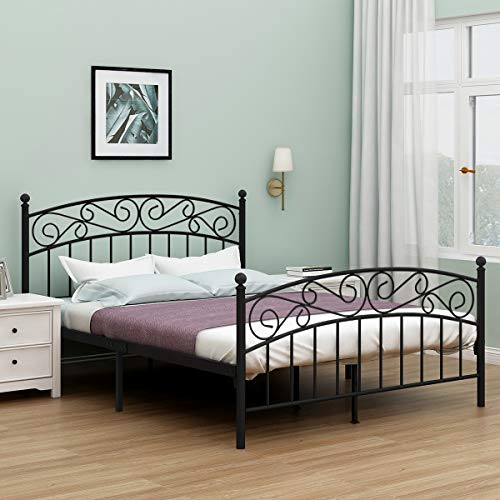 JURMERRY Metal Bed Frame Platform with Vintage Headboard and Footboard Sturdy Metal Frame Premium Steel Slat Support (Black Textured, Queen)