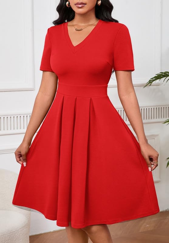Women Summer Short Sleeve Dress V Neck Semi Casual Fit and Flare Church Wedding Guest Work Dresses with Pockets - Image 5