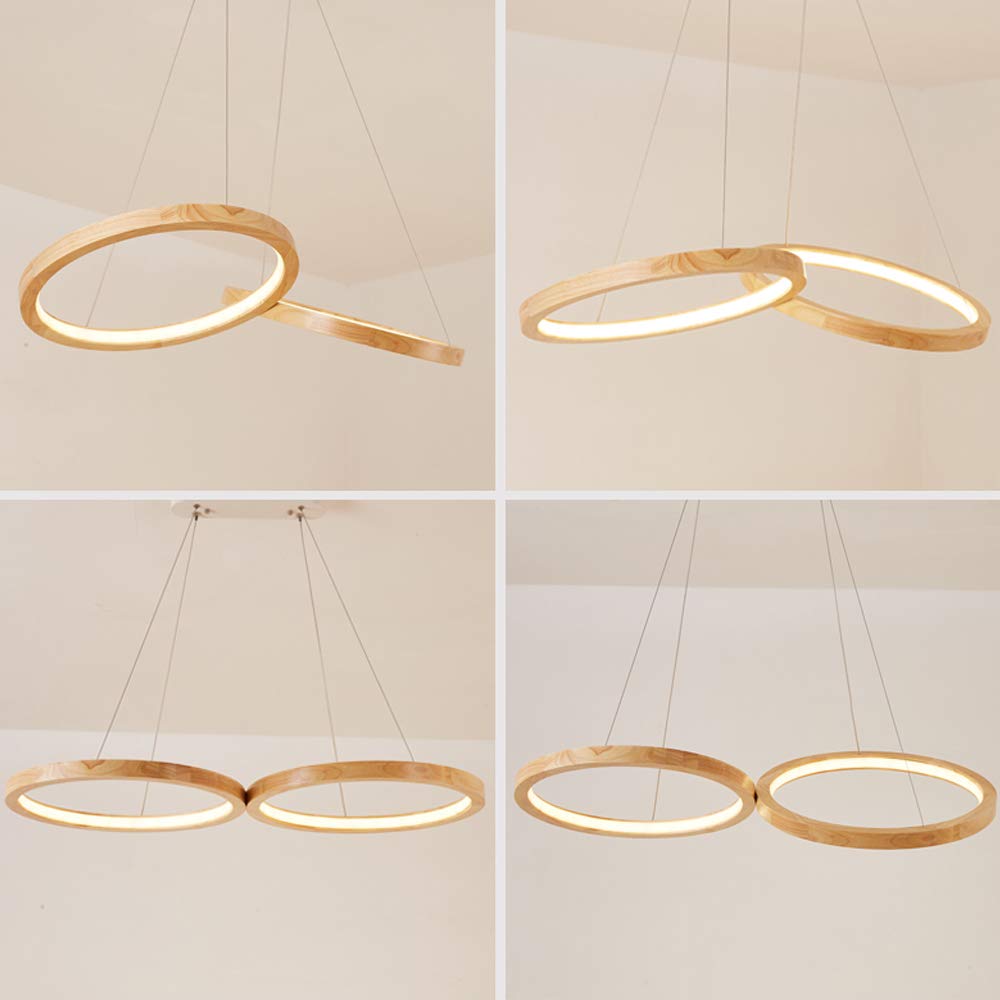 Lampa wisząca LED z podwójnym drewnianym pierścieniem, ściemniana drewniana lampa, regulowany żyrandol, do stołu jadalnego, biura, gabinetu, restauracji, nowoczesnej lampy wiszącej