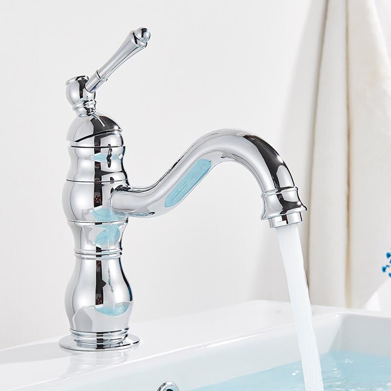 Grifo de lavabo dorado monomando para agua fría y caliente en acabado cromado corto
