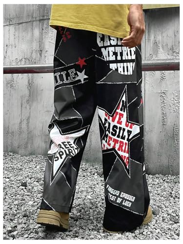 Men's Y2K Wide Leg Pants Star Print Drawstring Baggy Track Pants Streetwear Trousers3