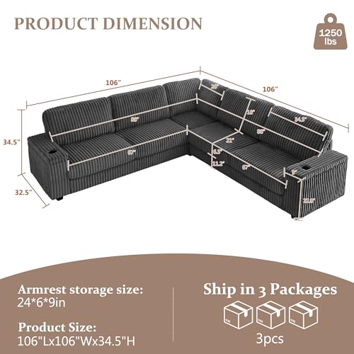 Image of Corduroy Sectional Couch for Living Room, Oversized L Shaped Couch, Modular Corner Sofa with Storage USB Ports and Cup Holders for Living Room, Bedroom and Apartment, Grey