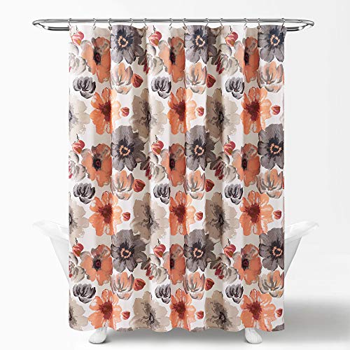 Image of Lush Decor Leah Floral Shower Curtain, 72 inch W x 72 inch L, Coral & Gray - Fabric Shower Curtains - Watercolor Botanical Bathroom Curtain - Farmhouse & French Country Decor