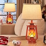 LEDIARY 18.72' Red LED Lantern Flickering Flame Table Lamps for Bedrooms Set of 2, Small Farmhouse Rustic End Table Lamps, Christmas Decorative Lantern Bedside Lamps for Living Room