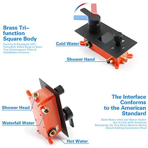 Skowll Shower Head System Digital 12 Inch Rainfall Shower Faucet Spout Set With Lcd Display Valve 3 Function Shower Set With Waterfall Tub Spout, Matte Black #TOP5