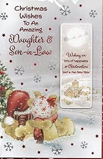 Prelude Daughter And Son-in-Law Christmas Card - Daughter & Son-in-Law Happy Christmas - Cute Bears in Santa Hats with Xmas Baubles Cute Design Lovely Verse Quality Card