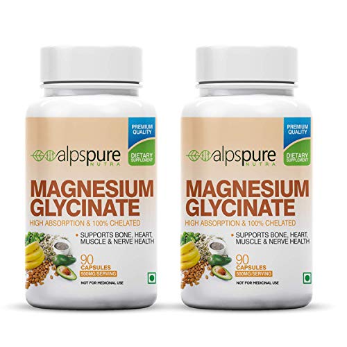 alpspure Nutra Magnesium Glycinate, High Absorption & Chelated, 500 Mg Capsules | Pack Of 2 (90 Capsules Each) alpspure Nutra Magnesium Glycinate, High Absorption & Chelated, 500 Mg Capsules | Pack Of 2 (90 Capsules Each)