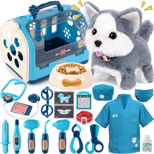 Tacobear Eletrônica brinquedo para cão com kit veterinário maletin médicos brinquedo disfarce de médico, peluche interativo cão que anda e ladra jogos de roleplay presente para criança 3 4 5 6 anos