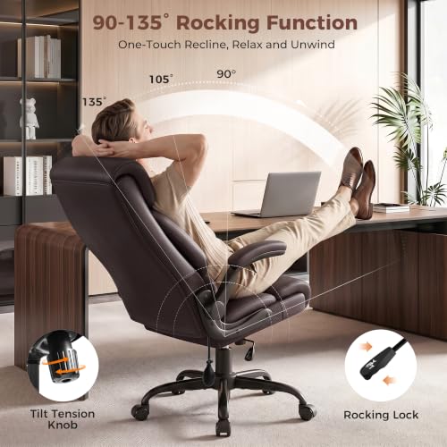 Image of Ergonomic Office Chair with Lumbar Support, Brown | Executive Leather Computer Desk Chair with Flip Up Arm & Rocking Function, High Back Comfortable Gaming Chair for Home Office