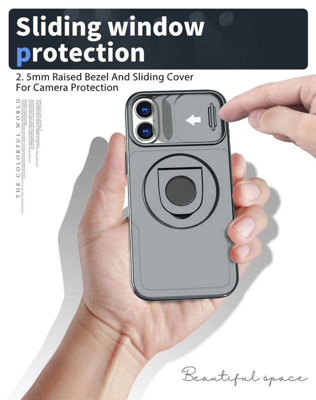 Image of LuxuryKase MagSafe Shockproof Rugged Back Case for iPhone 16 | Finger Ring Kickstand & Sliding Camera Cover | Military Drop Protection | Wireless Charging Support - Grey