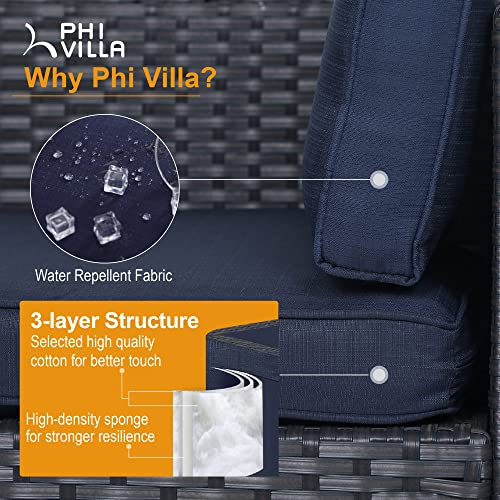 Phi Villa 77" Wide Outdoor Rattan Sectional Sofa With Cushions - Small Patio Wicker Furniture Set (3 - Person Seating Group, Blue)(Furniture Cover Included) #TOP3