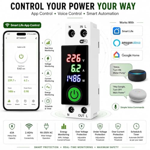 Image of Blackt Electrotech BT74NVF 63A Wi-Fi Circuit Breaker with Over-Voltage, Current Protection & Energy Metering Remote Control, Timer, & Power Monitoring | Smart Life, Alexa (With Dispaly)