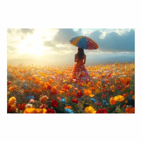 Peinture sur toile vintage femme avec parapluie fleuri TERUEA orange 70x100cm