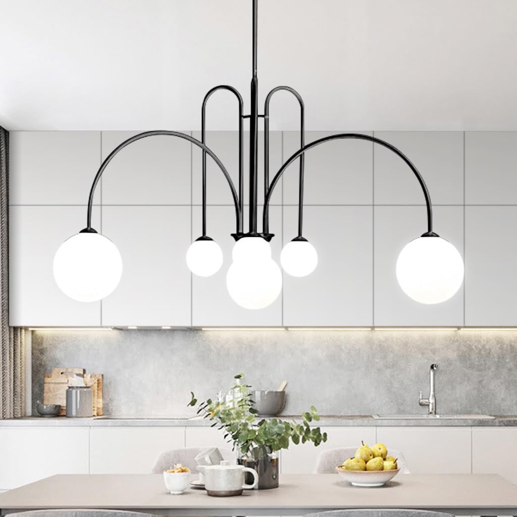 Lampadario Moderno Rotondo Lampadario Creativo A 6 Luci Con Sfera Di Vetro Bianco Adatto A Soggiorno Interno Camera Da Letto Sala Da Pranzo Cucina Caffè (fonte Di Luce Non Inclusa)(Nero)
