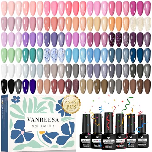 VANREESA Kit Vernis Semi Permanent, 45 Couleurs Vernis Gel UV Semi Permanent avec Base Top Coat Brillant Mat Pailleté, Kit Manucure pour Les Débutants, Cadeaux pour Femmes