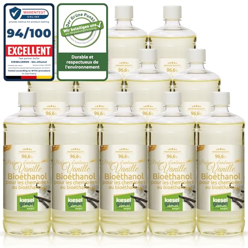 KieselGreen Bioéthanol 12 x 1 Litre avec Parfum pour Cheminée à l'éthanol - Bioéthanol comme Parfum d'ambiance - Parfum pour Cheminée à l'éthanol Bio...