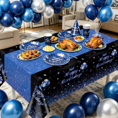 Image of 4 Pcs Happy Birthday Black and Blue Party Tablecloths - Blue Black Party Decorations Plastic Tablecloth Rectangular Table Covers for Boy Girl Baby Shower Birthday Table Supplies, 51 x 86.6 Inch