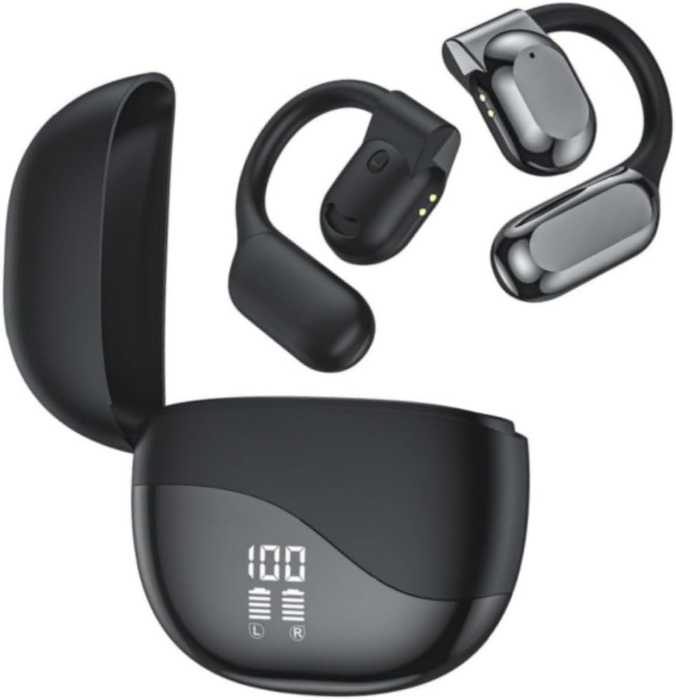 Open Ear Gaming Headphones, Air Conduction HiFi IPX5 Noise Cancelling Wireless Bluetooth Earbuds with Mic and Flexible Earhooks for Android/iOS 58 Hours (Black)
