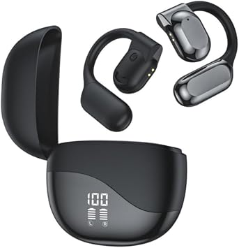 Open Ear Gaming Headphones, Air Conduction HiFi IPX5 Noise Cancelling Wireless Bluetooth Earbuds with Mic and Flexible Earhooks for Android/iOS 58 Hours Black
