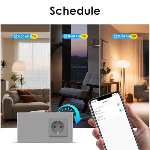 BSEED Smart Alexa Lichtschalter,WIFI Lichtschalter mit Steckdose Kompatibel mit Alexa,Google Home,Glas Touchscreen-schalter,1 Fach 1 Weg Grau(Neutrale Leitung ben&ouml;tigt)