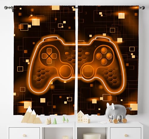 wlsgdsg Game Boys Curtains Cool 3D Gradient Orange Cartoon Block Game Controller for Gamers Windows Treatments Rod Pocket Drapes for Nursery Kids Living Room Bedroom 41x44.5in（No Blackout）
