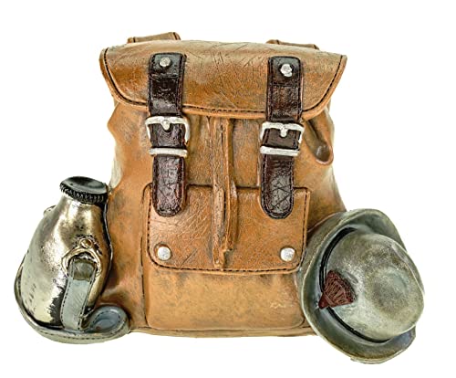 Tirelire sac à dos marron 16 cm en polyrésine pour randonnée, vacances, montagne