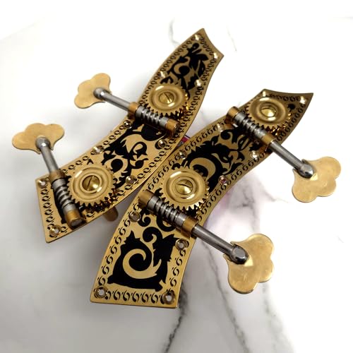 4/4 3/4 Upright Double Bass Tuning Pegs, Brass & Steel Tuning Machines with Engraved Decorative Plates, Precision Tuning Knobs for 4-String Double Bass, Set of 2