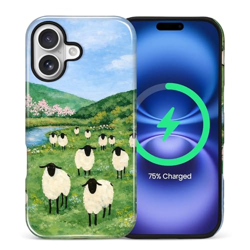 Goodsprout for iPhone 16 Cases,Campatible with Magsafe,2-Layer Hard Shell + Silicone Cover - Shockproof Protection, High-end and Fashionable Phone Case Green Grassland with A Flock of Sheep