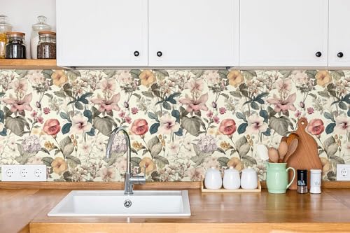 Jeweluck Floral Wallpaper Peel and Stick Vintage Floral Contact Paper Peel and Stick 16.9”x118.1” Poppy Flower Wallpaper Boho Leaf Removable Self Adhesive Wall Paper for Cabinets Bedroom Decorative