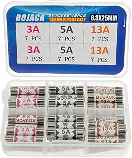 BOJACK 3 Values 42 pcs 3 5 13 A amp 240 V Volt Household Mains Plug Fuse 6.3x25 mm 0.25x1Inch BS1362 Ceramic Tube Cartridge Fuses Assortment Kit packag in a Clear Plastic Box