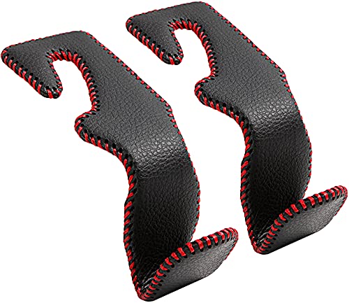 TISOHUGO Car Hook Back Seat Headrest Hooks Genuine Leather Hanger Storage Organizer for Handbag Purse Coat Fit Universal Vehicle, 2 Pack, Black&Red