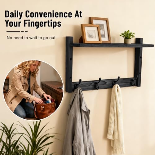 Dellicasi 28" Coat Rack Wall Mount with Shelf, Entryway Wall Mounted Coat Rack Wood Wall Coat Hooks with 7 Hooks 3 Key Hanger, Key Holder Wall Mount Mail Holder for Living Room, Bedroom — view 5