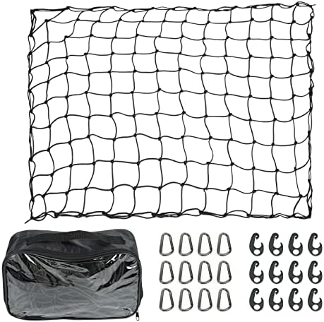 3' x 4' Cargo Net for Pickup Truck Bed, Car, SUV - Heavy Duty Elastic Mesh with Hooks & Bungee Cords & Storage Bag, Stretches to 6' x 8' with 3.5" x 3.5" Latex Bungee Net Mesh