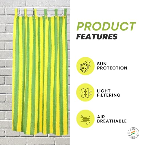 Image of Cotton Stripe and Solid Tab Top Loop Curtains Button Type Combo of 3 Pieces. (Yellow Multi, 4 x 5 ft - Window Curtain)
