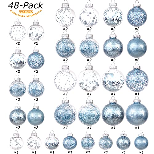 Sea Team Pack of 48 Shatterproof Clear Plastic Christmas Baubles Multi-Size Decorative Christmas Baubles with Stuffed Delicate Decorations (Babyblue)