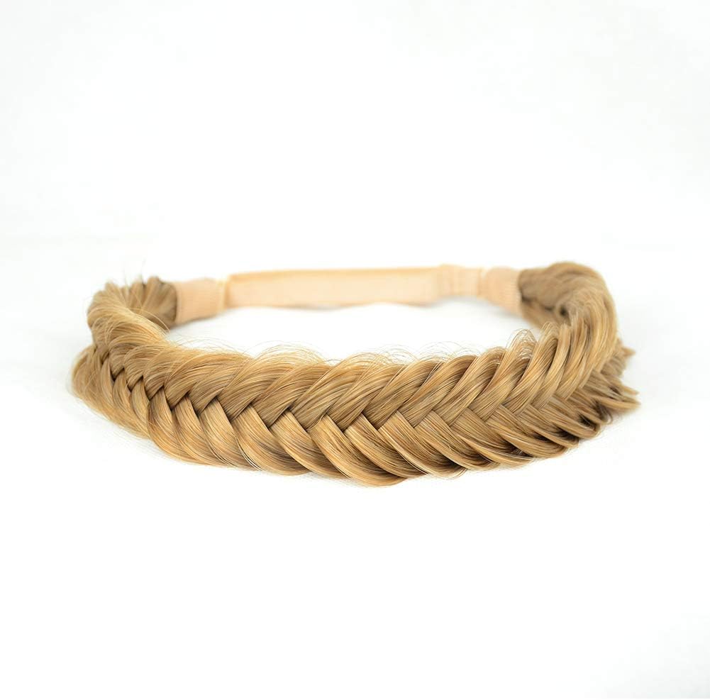 BOBIYA Wide Fishtail Synthetic Hair Braided Headband Classic Chunky Plaited Braids Elastic Stretch Hairpiece Women Girl (Golden Brown)