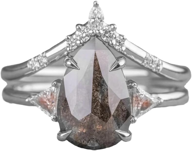 1.5ct Pear Shaped Natural Salt And Pepper Diamond Engagement Ring for Women Sterling Silver/10K 14K 18K Gold Salt And Pepper Diamond Engagement Wedding Ring Set Anniversary Promise Rings