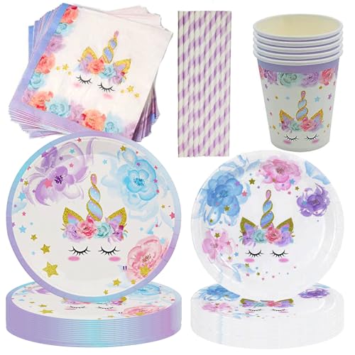84 Pcs Vaisselle De Fête Unicorn,Licorne Trousse D'Anniversaire Pour Enfants Pour 16 Invités,Anniversaire Unicorn Decoration Vaisselle Licorne Assiette,Tasse,Serviettes Accessoires De Baby Shower