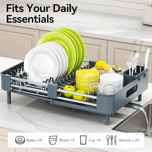 Image of Urackify Stainless Steel Dish Drying Rack - Dish Drainer for Kitchen Counter, Extendable Drainboard with Foldable, Space-Saving Cup & Bowl Organizer, Includes Knife and Utensil Holder, Matte-Green