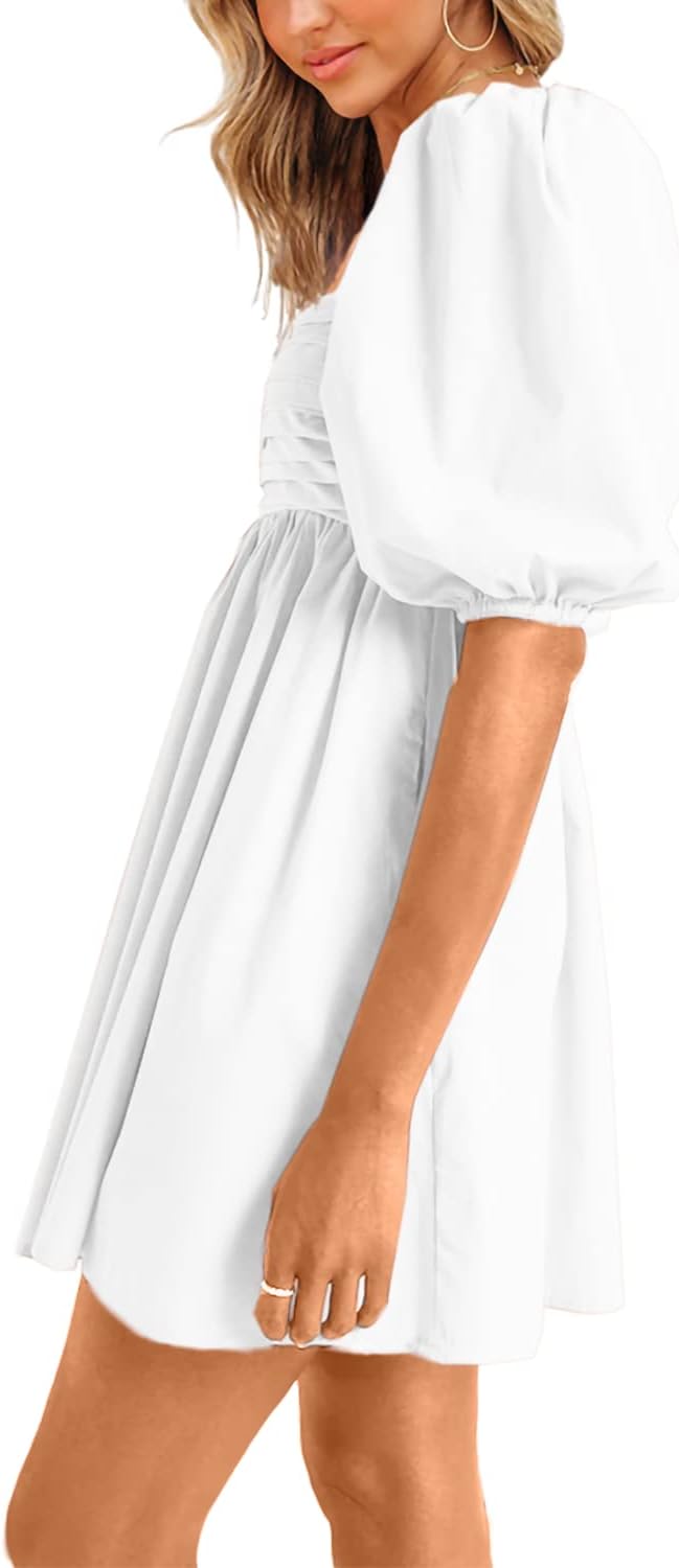 Ebifin Womens Square Neck Dresses Half Puff Sleeve High Waist A-Line Casual Backless Smocked Short Babydoll Mini Dress - Image 2