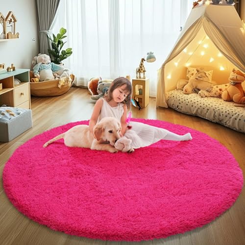 Fluffy Round Area Rugs for Bedroom,Hot Pink 3'X3'Shag Circle Area Rugs for Living Room,Non Slip Fuzzy Plush Rug for Kids Room Boys Girls Room and Dorm
