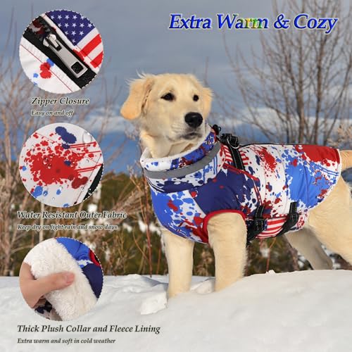 Image of Dogcheer Dog Winter Coat, American Flag Dog Jacket with Harness- Flag,XL | Adjustable Puppy Warm Coat with Zipper, Waterproof Dog Puffer Jacket, Pet Fleece Jacket Snowsuit for Small Medium Large Dogs