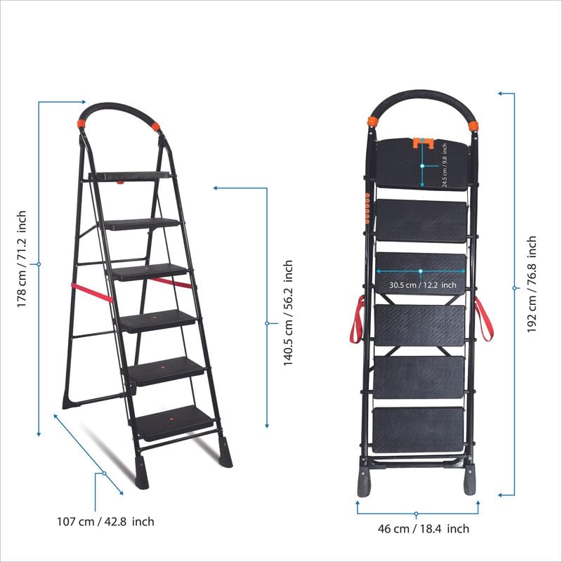 Image of TNT THE NEXT TREND Carbon Steel Cameo 6 Step Heavy Duty Foldable Step Ladder With Anti-Skid Shoes And Extra Strong Wide Steps (Black)