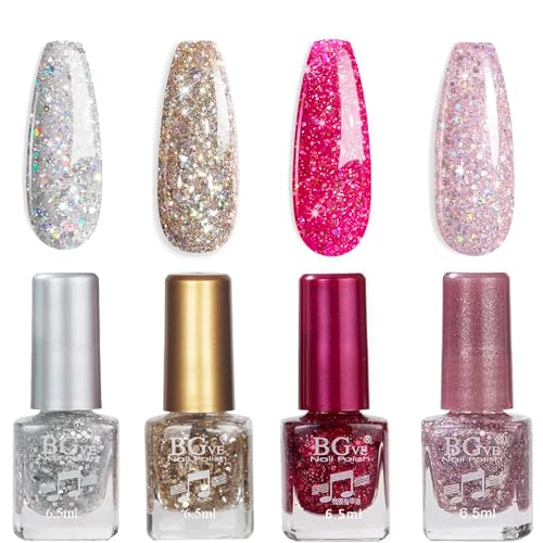 Nail Polish Set - Glitter Nail Varnish Sets - Quick Dry & Long Lasting Silver Gold Nail Polish - Long Lasting French Manicure Nail Polish - Nail Starter Kit 2024 Spring Serise Gift - No Need Cure