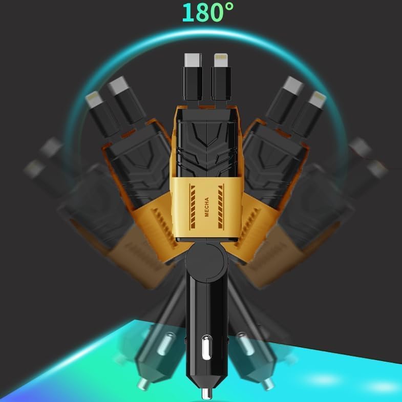 Image of Muvit Retractable Car Charger 120W 4-in-1 Fast Charging Car Phone Charger with 31.5 Inch Retractable Cables & 2 USB Ports | Compatible with iPhone 16 /15 /14 /13 /12 Pro Max /XR, iPad, Pixel,Samsung-Yellow