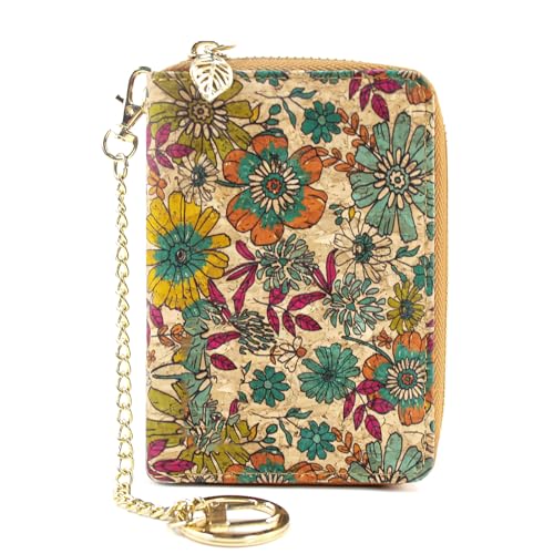 boshiho Cartera de corcho vegano, monedero para mujer, diseño delgado con cremallera, con tarjetero, monedero, ecológico, regalo vegano, Flor a, 5.9*3.54*0.78inch, Cartera de corcho