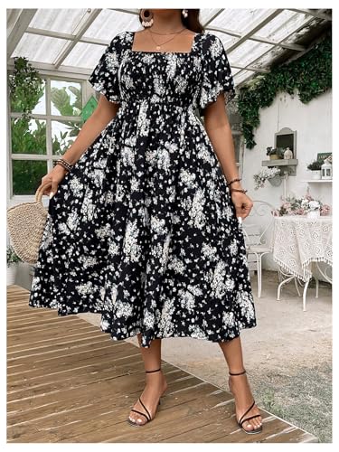 Image of Floerns Women's Plus Size Floral Square Neck Flounce Short Sleeve A Line Maxi Dress