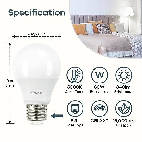 Linkind A19 LED Light Bulb, 60W Equivalent Light Bulbs, 8.5W 5000K Daylight, 840 Lumens Non-Dimmable LED Bulb, E26 Standard Base, Energy Efficient, 6-Pack - Thumbnail 2