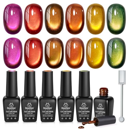 Image of Beetles Fall Cat Eye Gel Polish Set, Vintage Jewel 6 Colors Gel Polish Kit | Glitter Gel Purple Red Brown Orange Gold Green Magnetic Glass Cat Eye Luminous Gemstone Effect Soak Off UV Manicure for Women