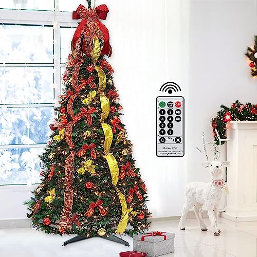 GameXcel Pop Up Christmas Tree with Light & Remote, 6FT Pull Up Artificial Christmas Trees Collapsible Prelit Decorated with Christmas Ball Ornaments Bows Ribbon Decorations Xmas Holiday Home Decor